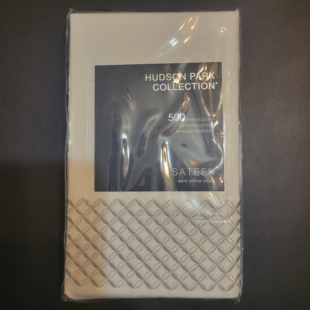 Hudson Park Collection Sateen Euro Pillow Sham Geo 500TC Pima Cotton Silver